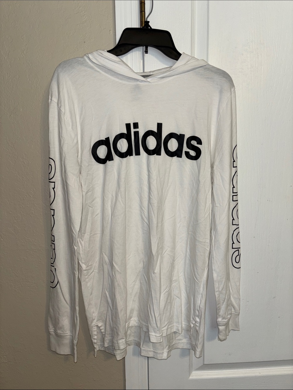 adidas White Long Sleeve Hooded Logo Tee with Black Branding